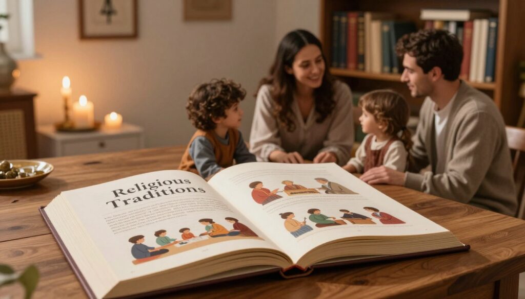 A beautifully designed book titled "Religious Traditions" lies open on a wooden table, showcasing elegant pages filled with illustrations of rituals and family gatherings. In the foreground, a cozy family scene: a father, mother, and two children engaged in a heartfelt discussion, all wearing warm, modest clothing. The middle ground features a softly lit room adorned with candles and religious symbols, creating an inviting and spiritual atmosphere. In the background, shelves filled with books on various cultures and traditions contribute to the scholarly vibe. The lighting is warm and gentle, casting soft shadows that enhance the intimate mood of the scene, captured from a slightly elevated angle to emphasize the closeness of the family. A beautifully designed book titled "Religious Traditions" lies open on a wooden table, showcasing elegant pages filled with illustrations of rituals and family gatherings. In the foreground, a cozy family scene: a father, mother, and two children engaged in a heartfelt discussion, all wearing warm, modest clothing. The middle ground features a softly lit room adorned with candles and religious symbols, creating an inviting and spiritual atmosphere. In the background, shelves filled with books on various cultures and traditions contribute to the scholarly vibe. The lighting is warm and gentle, casting soft shadows that enhance the intimate mood of the scene, captured from a slightly elevated angle to emphasize the closeness of the family.
