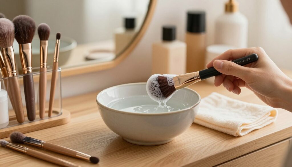 A beautifully organized makeup workspace featuring a set of various makeup brushes in different sizes, all neatly arranged on a wooden vanity. In the foreground, a hand holds a clean brush with soapy bubbles delicately adhering to its bristles, illustrating the act of cleaning. In the middle, a stylish ceramic bowl filled with warm water and gentle cleanser sits next to a soft cloth for drying. The background includes a softly blurred collection of beauty products and an elegant mirror reflecting warm, natural light. The atmosphere is calm and inviting, emphasizing hygiene and care. The focus is on the brush cleaning process, capturing the essence of regular maintenance. Use warm, soft lighting to enhance the cleanliness and tranquility of the scene while keeping a professional aesthetic. A beautifully organized makeup workspace featuring a set of various makeup brushes in different sizes, all neatly arranged on a wooden vanity. In the foreground, a hand holds a clean brush with soapy bubbles delicately adhering to its bristles, illustrating the act of cleaning. In the middle, a stylish ceramic bowl filled with warm water and gentle cleanser sits next to a soft cloth for drying. The background includes a softly blurred collection of beauty products and an elegant mirror reflecting warm, natural light. The atmosphere is calm and inviting, emphasizing hygiene and care. The focus is on the brush cleaning process, capturing the essence of regular maintenance. Use warm, soft lighting to enhance the cleanliness and tranquility of the scene while keeping a professional aesthetic.