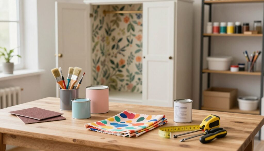 A beautifully organized workspace showcasing materials and tools for renewing a wardrobe. In the foreground, a wooden workbench displays sandpaper, brushes, paint cans in soft pastel colors, and a small can of furniture wax. A vibrant patterned fabric swatch lies next to a measuring tape and a set of screwdrivers. In the middle ground, a partially restored wardrobe stands with an open door, revealing its inside lined with beautiful wallpaper. The background features shelves filled with assorted paints and tools, softly illuminated by natural light streaming through a window. The mood is creative and inviting, encouraging DIY enthusiasts to start their furniture renovation projects. The image is captured from a slightly elevated angle, giving a clear view of the entire workspace arrangement.
