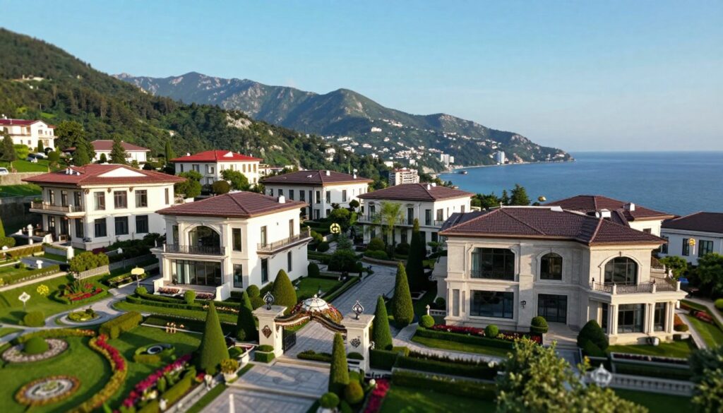 A breathtaking aerial view of the luxurious residences of Vladimir Putin located in Sochi and Novo-Ogaryovo, showcasing their opulent architecture and sprawling landscapes. In the foreground, elaborate gardens with meticulously arranged topiary and vibrant flower beds create an inviting entrance. The middle ground features the sleek, modern lines of the residences, with expansive glass facades reflecting the surrounding natural beauty—lush green hills and the coastline of the Black Sea. In the background, the rolling mountains under a clear blue sky enhance the sense of grandeur. The image is captured in soft, warm sunlight, giving an inviting and serene atmosphere, with a slight tilt-shift focus to emphasize the elegance of the structures without any human presence.