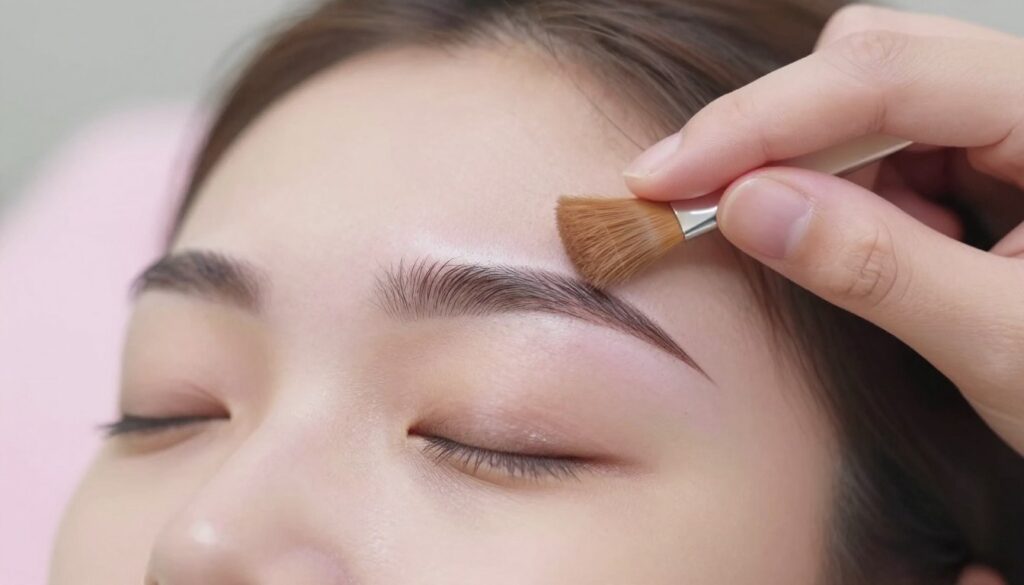 A close-up, detailed illustration of eyebrow healing after permanent makeup, highlighting scabs and color changes in the pigment. The foreground features a woman's brow with a subtle sheen, showcasing textured scabs, transitioning shades of pigment visibly changing from dark to lighter hues. The middle ground includes a soft hand gently brushing over the eyebrow, conveying care and attention, while a blurred background fades into soothing pastel colors that evoke a calm, healing atmosphere. Use soft, diffused lighting to enhance the natural skin tones and emphasize the texture of the scabs. The composition should reflect a serene, clinical environment, promoting the concept of healing and self-care after cosmetic procedures.