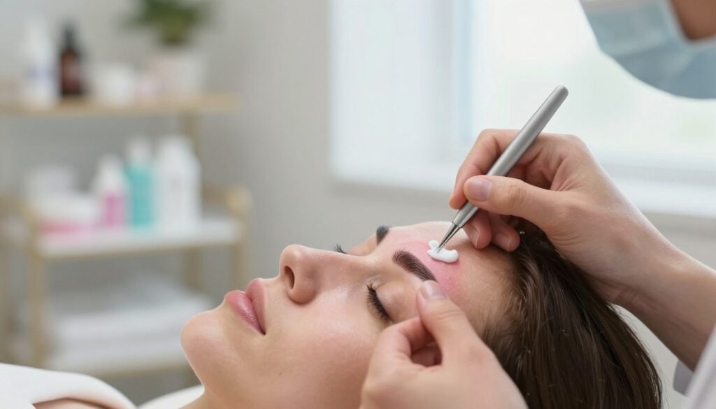 A close-up of a professional aesthetician's hands carefully treating freshly tattooed eyebrows, showcasing the healing process of permanent makeup. In the foreground, the aesthetician’s hands are applying a soothing aftercare cream, with tools and a small jar of product visible. The middle ground features the eyebrows, slightly reddened and delicately defined, highlighting the pigment’s fresh look. In the background, a softly lit, calming clinic environment includes shelves with skincare products and a blurred view of gentle medical decor. Bright, diffused natural light filters through a window, creating a serene atmosphere. The scene conveys a sense of care and professionalism, emphasizing the importance of proper aftercare in the healing process for permanent makeup.