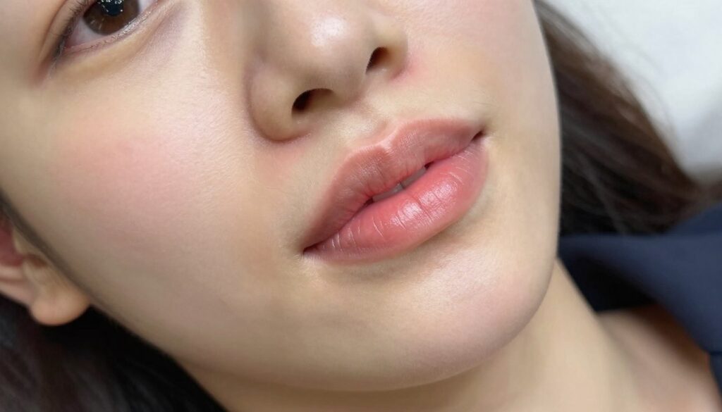 A close-up view of freshly treated lips after a permanent makeup procedure, showcasing soft, natural-looking color and slight gloss. The lips should appear plump and well-defined, highlighting the precision of the permanent makeup application. Surrounding the lips, a hint of gentle redness and swelling can be seen, indicating the recent treatment. The subject, a woman in professional attire, should have a calm and satisfied expression, reflecting a positive experience. The background is softly blurred to keep the focus on the lips, with warm, even lighting to enhance the skin's natural texture. The angle is slightly above the lips, creating an intimate yet professional perspective. The overall atmosphere should evoke a sense of beauty and transformation.