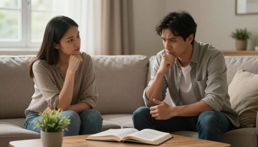 A concerned couple seated on a comfortable couch in a cozy, softly lit living room, discussing their feelings about impending parenthood. The foreground features a woman in a modest casual outfit, her expression thoughtful yet supportive. Beside her, a man in a casual shirt, looking contemplative, his hands clasped as he expresses his fears about becoming a father. In the middle ground, a coffee table with an open parenting book and a small plant adds to the warm atmosphere. The background shows a gently lit window with soft curtains, casting a comforting glow. The mood is intimate and reflective, capturing the essence of a serious yet supportive conversation about parental anxieties. Use soft, natural lighting to enhance the emotional depth.