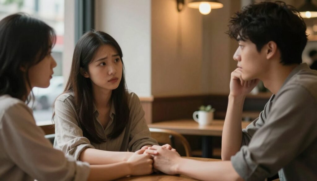 A contemplative scene depicting a couple sitting across from each other at a small table in a cozy, softly lit café. The foreground features their hands gently touching the table, suggesting hesitation and connection. In the middle ground, their expressions are a mix of concern and contemplation, with one partner looking pensive while the other gazes thoughtfully out the window. The background includes warm lighting, soft curtains, and a blurred view of city life, creating an intimate yet uncertain atmosphere. Capture the emotional weight of their conversation, conveying a mood of reflection and decision-making. Use a close-up angle to emphasize their body language and expressions while ensuring a softly illuminated environment that evokes a sense of sincerity and warmth.