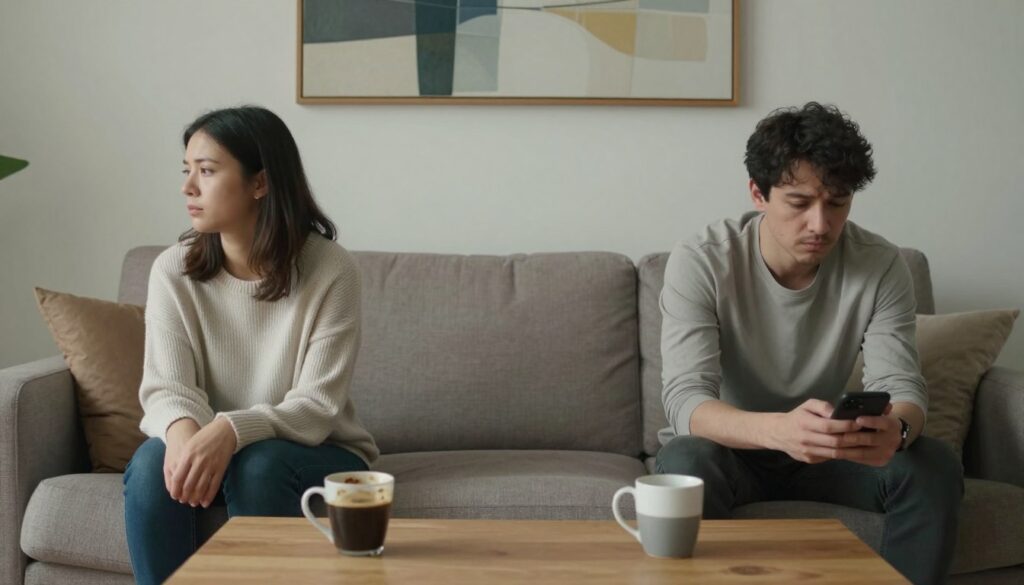 A contemplative scene illustrating the emotional distance in a relationship. In the foreground, a couple sits on opposite ends of a couch, with their bodies turned away from each other, conveying discomfort and avoidance. The woman, dressed in a soft, casual sweater, looks pensively at the floor, while the man, in a fitted casual shirt, stares blankly at his phone. In the middle ground, a coffee table is filled with untouched mugs of coffee, symbolizing stagnation in connection. Soft, diffused lighting enhances the melancholic mood of the room, filled with neutral tones and minimalistic decor, evoking a sense of loneliness. The background features abstract art on the wall, adding to the theme of emotional distance without overpowering the main subjects. Capture this scene with a slightly elevated angle to emphasize the physical space between them.