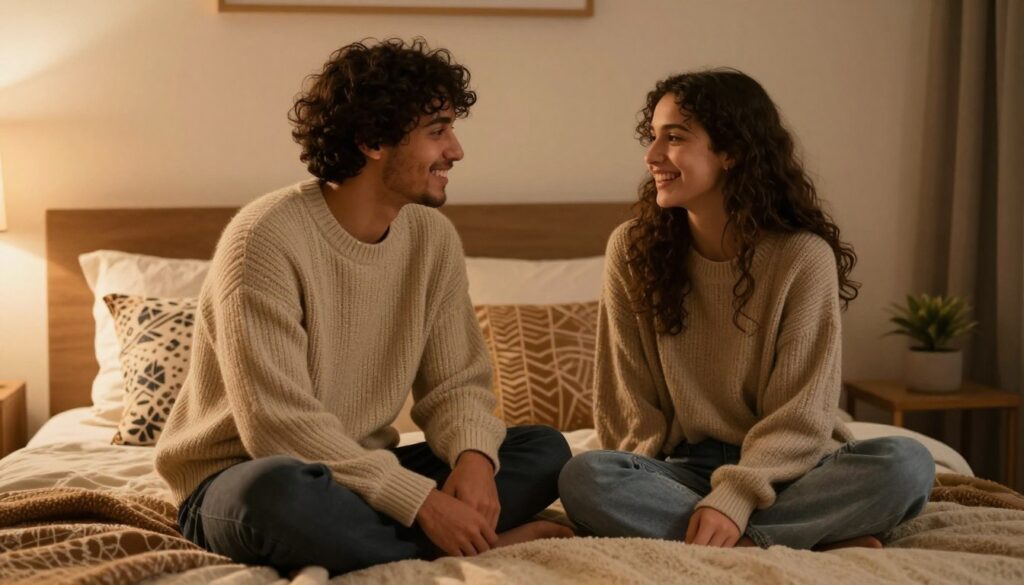 A cozy and intimate scene showcasing a Taurus and Gemini enjoying a quiet moment together in a softly lit bedroom. In the foreground, a Taurus, represented as a grounded individual in a comfortable sweater, and a Gemini, depicted as lively and playful in casual wear, are sitting closely on a plush bed, sharing a playful conversation with warm smiles. The middle ground features cozy blankets and decorative pillows that enhance the inviting atmosphere. The background exhibits soft, ambient lighting, creating a serene and affectionate mood. The composition captures a sense of intimacy and connection between the two, symbolizing their unique relationship dynamic. Use warm tones and gentle focus to emphasize warmth and closeness.