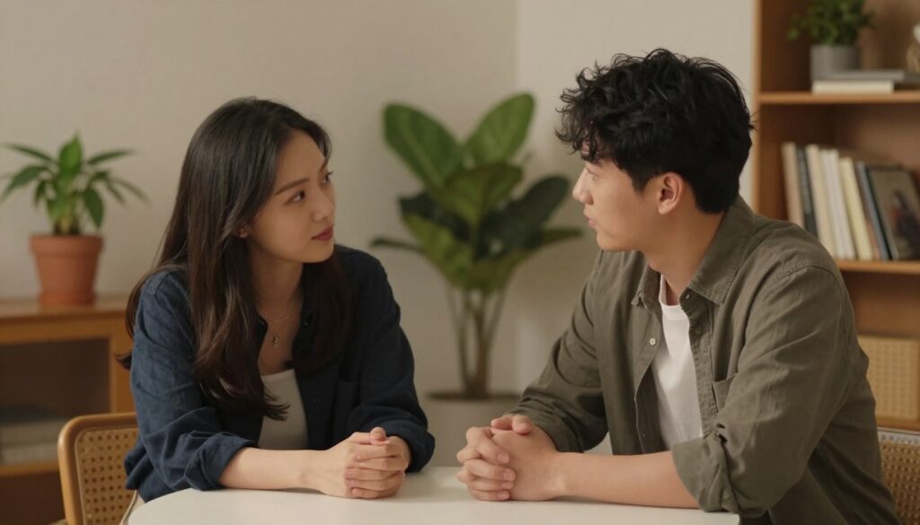 A cozy and intimate setting for a discussion about relationship expectations. In the foreground, a young couple sits at a small round table, both dressed in smart casual attire, engaged in a thoughtful conversation. The woman has a gentle expression, leaning slightly forward, while the man appears attentive and reflective. In the background, soft lighting creates a warm ambiance, with a few potted plants and a bookshelf that adds a personal touch. The scene captures a sense of openness and understanding, evoking a mood of sincerity and connection. Use a soft-focus lens effect to emphasize the subjects while gently blurring the background, enhancing the intimate atmosphere of the moment. The angle should be slightly above eye level, framing the couple in the center of the image.