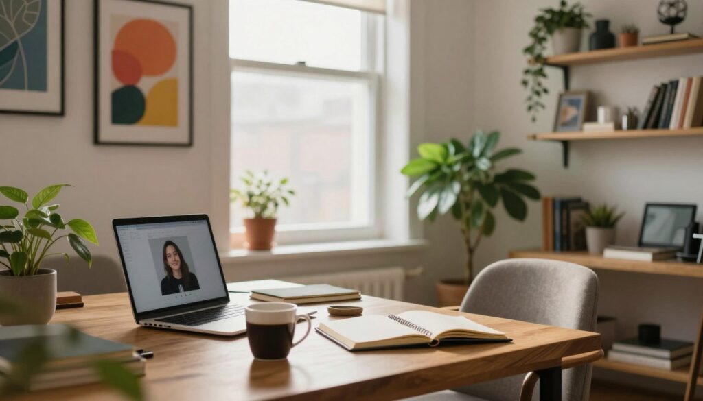 A cozy and inviting home office scene that captures the private life of a popular YouTuber. In the foreground, there’s a stylish wooden desk with a laptop, notebooks, and a mug of coffee, suggesting a creative workspace. To the right, a comfortable chair and bright potted plants add a touch of warmth. In the middle ground, a large window allows soft, natural light to fill the room, casting gentle shadows and creating a serene atmosphere. The background features colorful wall art and shelves filled with books and personal mementos, hinting at the YouTuber’s personality and interests. The overall mood is relaxed and inspiring, reflecting a balanced life outside the camera's lens.