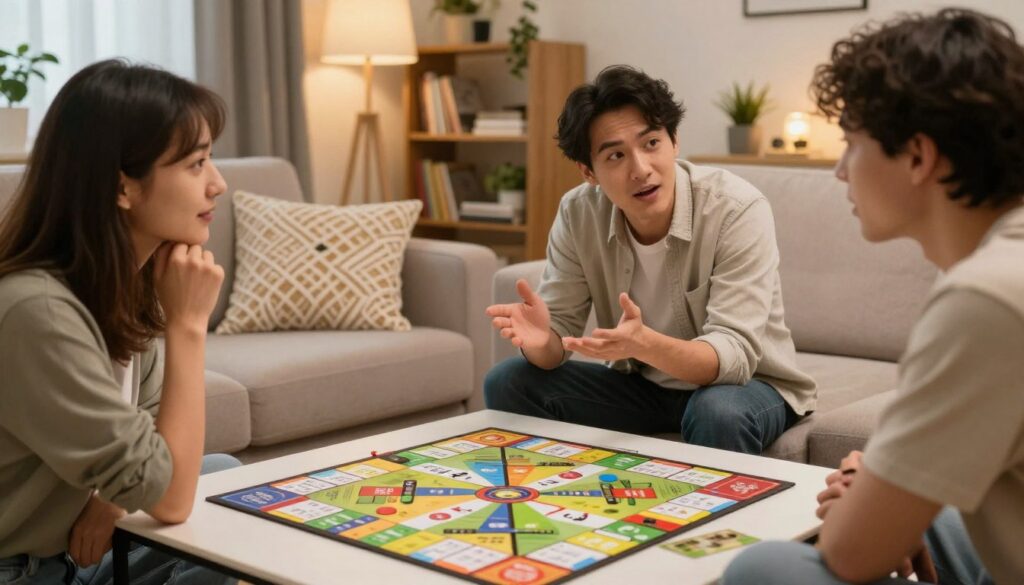 A cozy and inviting setting centered around a board game titled "Relacje dla par" on a stylish coffee table. In the foreground, a vibrant game board is visible, featuring colorful cards with questions designed to foster connection and conversation. Two couples, dressed in comfortable yet modest casual clothing, are engaged in lively discussion, animated expressions on their faces reflecting curiosity and joy. The middle ground shows soft, warm lighting that creates an intimate atmosphere, with a plush sofa and decorative pillows enhancing the cozy feel. In the background, a softly blurred living room with shelves of books and plants adds to the inviting ambiance. The overall mood is friendly and engaging, showcasing the theme of building connections through conversation and play.