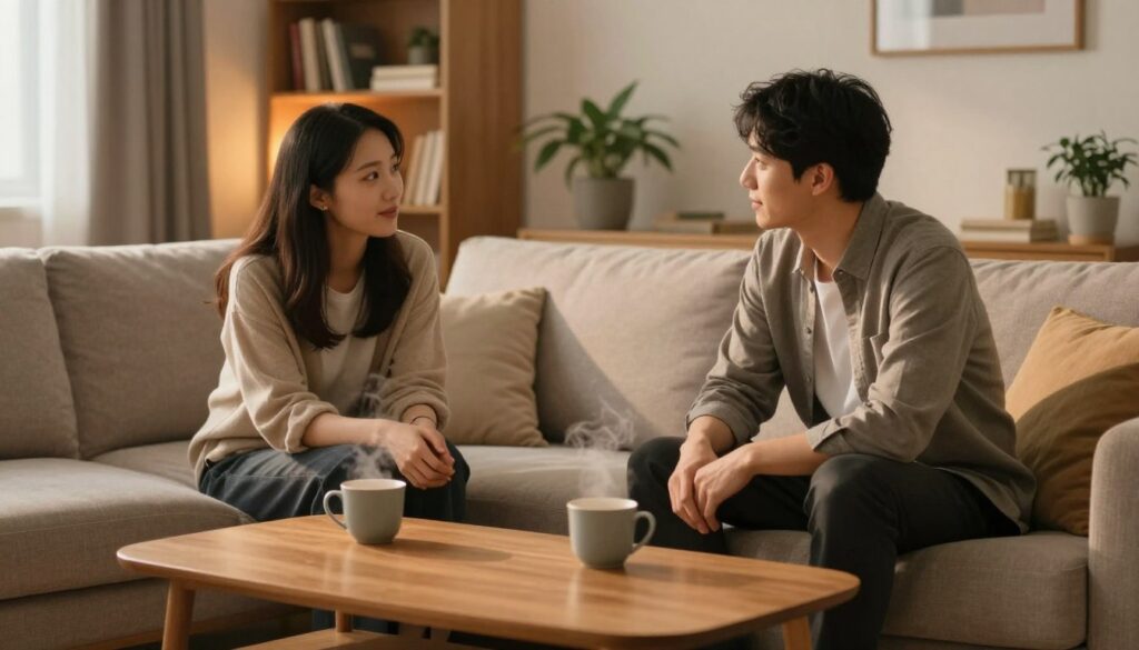 A cozy and inviting setting for a conversation about intimacy, featuring two people seated in a softly lit living room. The foreground focuses on a couple, dressed in comfortable yet professional attire, leaning slightly towards each other, their expressions reflecting openness and understanding. In the middle, a warm coffee table holds two steaming cups, symbolizing warmth and connection. The background includes a softly lit bookshelf and a potted plant adding life to the space. The lighting is warm and soft, casting gentle shadows that create an intimate atmosphere. Use a wide-angle lens to capture the entire scene, emphasizing the emotional connection and safe environment for discussing the need for closeness. The overall mood is serene, encouraging, and nurturing.