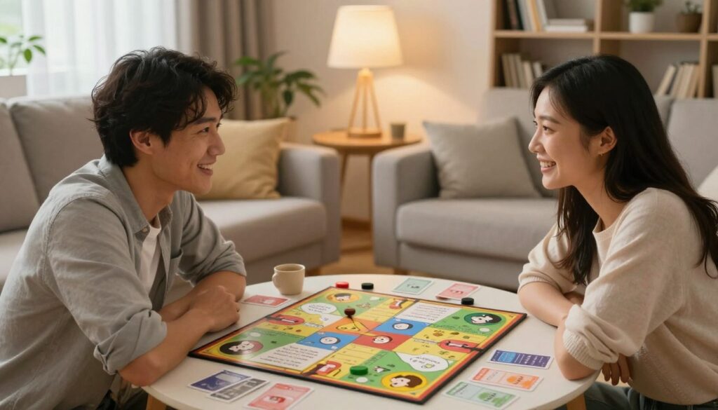 A cozy living room setting featuring a couple engaging in a board game designed for relationship building. In the foreground, the couple, dressed in casual, modest clothing, is smiling as they play, looking at each other with expressions of joy and connection. In the middle, the game board is beautifully illustrated with various relationship-focused questions and prompts, surrounded by game pieces and cards. The background showcases soft lighting from a nearby lamp, creating a warm and inviting atmosphere, with plants and bookshelves adding depth to the scene. The overall mood is intimate and engaging, highlighting the benefits of gameplay for couples at any stage of their relationship.