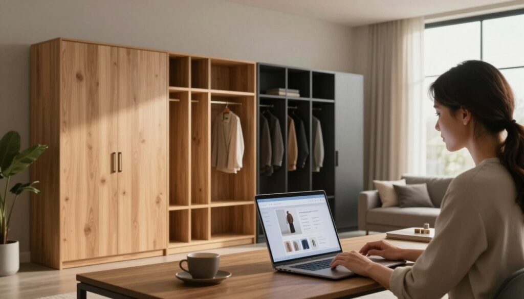 A cozy, modern home office setting showcasing a variety of stylish wardrobes displayed on a sleek digital device, illustrating the online shopping experience. In the foreground, a professional woman in modest casual clothing browses a laptop, her face illuminated by the screen's soft glow. The middle ground features an inviting arrangement of different wardrobe designs—sleek, minimalist styles in light wood and dark finishes, emphasizing a mix of functionality and aesthetics. The background shows a contemporary room with soft, natural lighting filtering through a window, creating a warm atmosphere. The overall mood is one of inspiration and practicality, ideal for selecting the right wardrobe online.