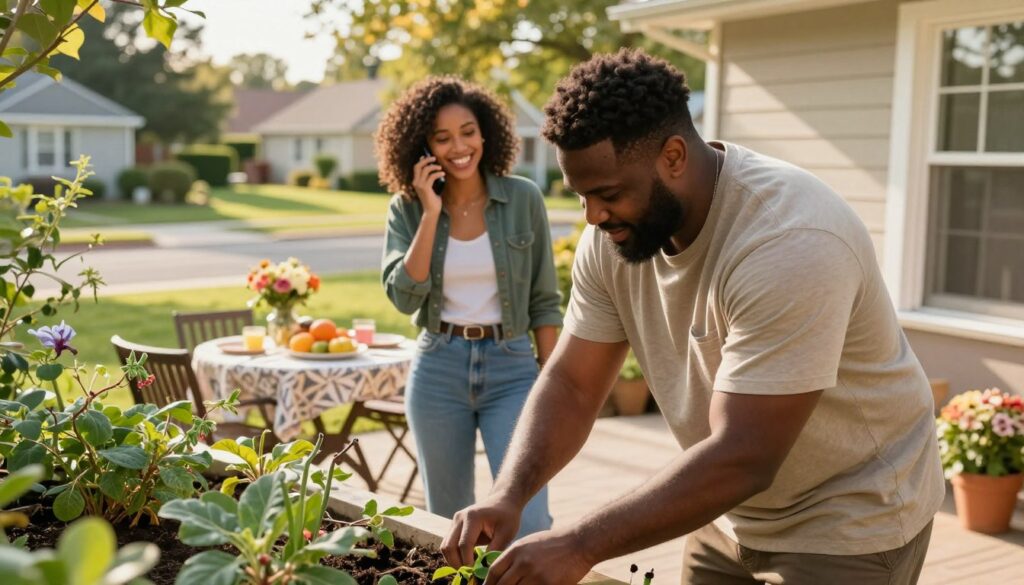 A cozy scene depicting the daily life of a Taurus and Gemini couple, highlighting their contrasting yet harmonious relationship. In the foreground, the Taurus partner, a sturdy figure dressed in comfortable, casual clothing, is seen tending to a small garden, showcasing nurturing energy. Beside them, the Gemini partner, wearing a smart-casual outfit, is animatedly talking on the phone, a playful smile on their face. In the middle ground, a sunlit patio reveals a small table set for brunch, filled with vibrant fruits and flowers, symbolizing their connection. The background features a peaceful suburban neighborhood, with soft golden light filtering through lush trees. The atmosphere exudes warmth and companionship, reflecting their unique bond. The image should have a gentle, inviting vibe, captured from a slightly elevated angle to encompass the entire scene.