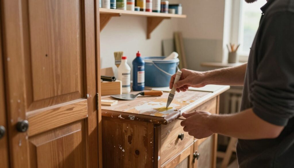 A cozy workshop scene featuring a wooden wardrobe in the foreground, with a person in casual clothing carefully applying a paint remover solution to its surface. The wardrobe should have layers of old, peeling paint and varnish visible, revealing some wood underneath. In the middle ground, tools such as a paint scraper, brushes, and a bucket of cleaning supplies are neatly arranged on a workbench. The background shows shelves filled with additional painting supplies and a warm, inviting light pouring in through a window, casting soft shadows and creating a productive atmosphere. The overall mood should be one of focus and creativity, emphasizing the process of restoring furniture.