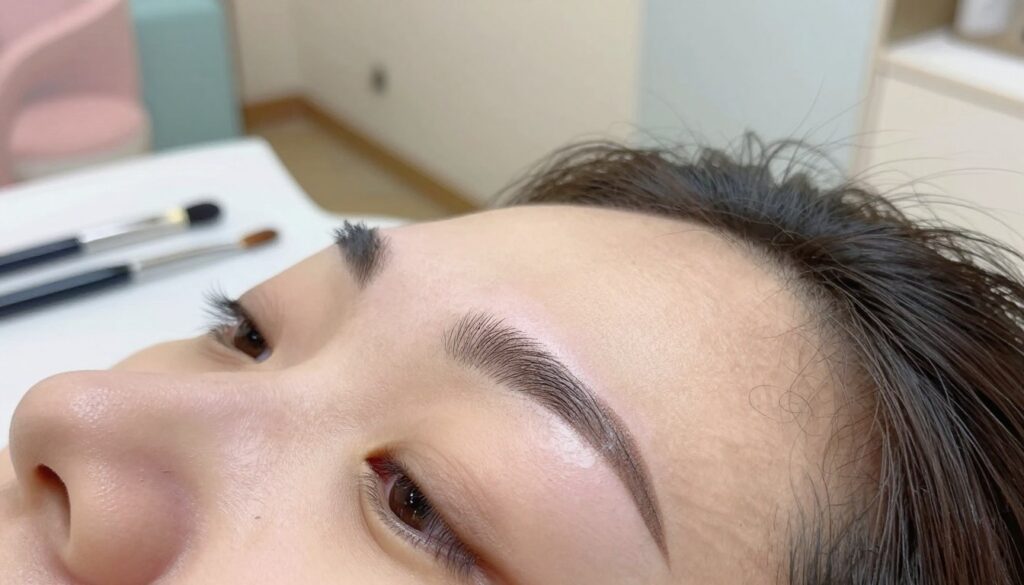 A detailed close-up of elegantly shaped eyebrows after a permanent makeup touch-up. The foreground features a well-groomed eyebrow, showcasing the freshly filled pigment and a subtle sheen, demonstrating careful artistry in the microblading. The middle ground includes beauty tools such as a small brush and a pigment pot, reflecting an organized workspace. The background is softly blurred, depicting a bright, calming beauty treatment room with light pastel colors, adding to the atmosphere of relaxation and professionalism. Soft, natural lighting highlights the textures of the skin and the eyebrows, creating a serene and inviting mood. Overall, the image conveys meticulous care and attention to personal grooming post-correction.