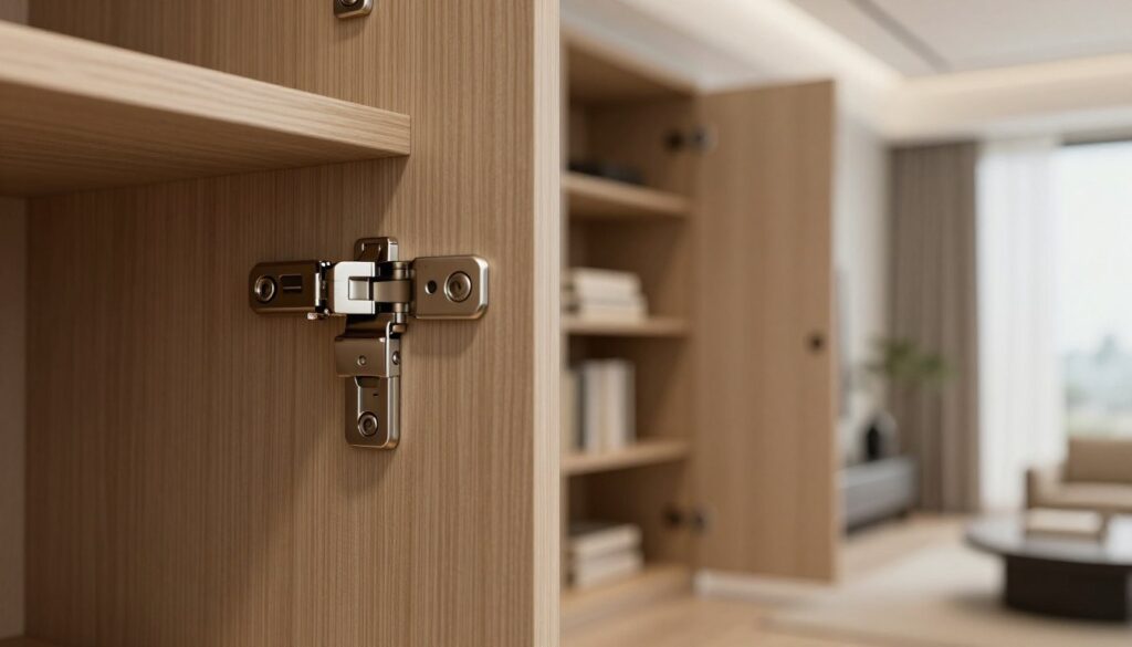 A detailed illustration of a cabinet door showcasing the precise arrangement of hinges for optimal stability and ease of opening. In the foreground, a close-up view of two metallic hinges mounted on the edge of a wooden cabinet door, highlighting their alignment and positioning. The middle section displays the open cabinet door revealing shelves organized neatly within, while the background features a modern, softly lit room to enhance the focus on the hinges. The lighting is soft and diffused, creating a warm atmosphere. The scene is captured from a slight angle to emphasize the hinge functionality, without any text or distracting elements.