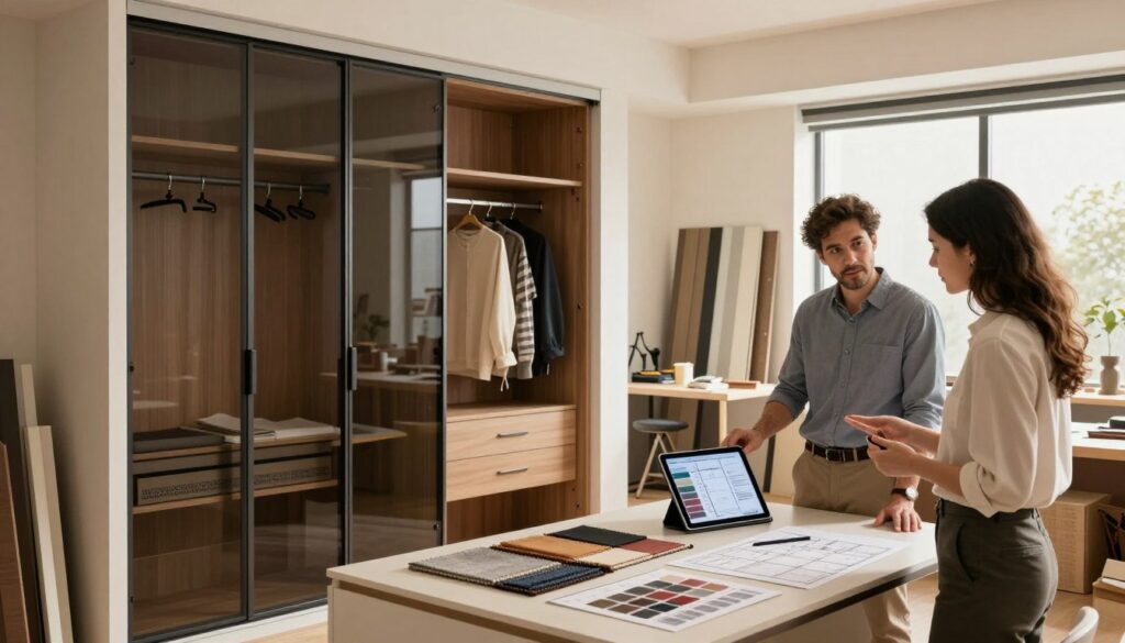 A detailed interior design scene showcasing the various factors influencing the cost of installing sliding wardrobes. In the foreground, a stylish sliding wardrobe with glass doors partially open, revealing a neatly organized interior. To the right, a professional interior designer dressed in smart casual attire discusses plans with a client, both looking at a digital tablet displaying design options. In the middle ground, display items such as fabric samples, color swatches, and pricing charts on a modern desk. In the background, a well-lit workshop environment with tools, different door materials, and sliding door mechanisms visible. Warm, natural lighting creates an inviting atmosphere, emphasizing the thoughtful planning involved in the installation process. A detailed interior design scene showcasing the various factors influencing the cost of installing sliding wardrobes. In the foreground, a stylish sliding wardrobe with glass doors partially open, revealing a neatly organized interior. To the right, a professional interior designer dressed in smart casual attire discusses plans with a client, both looking at a digital tablet displaying design options. In the middle ground, display items such as fabric samples, color swatches, and pricing charts on a modern desk. In the background, a well-lit workshop environment with tools, different door materials, and sliding door mechanisms visible. Warm, natural lighting creates an inviting atmosphere, emphasizing the thoughtful planning involved in the installation process.