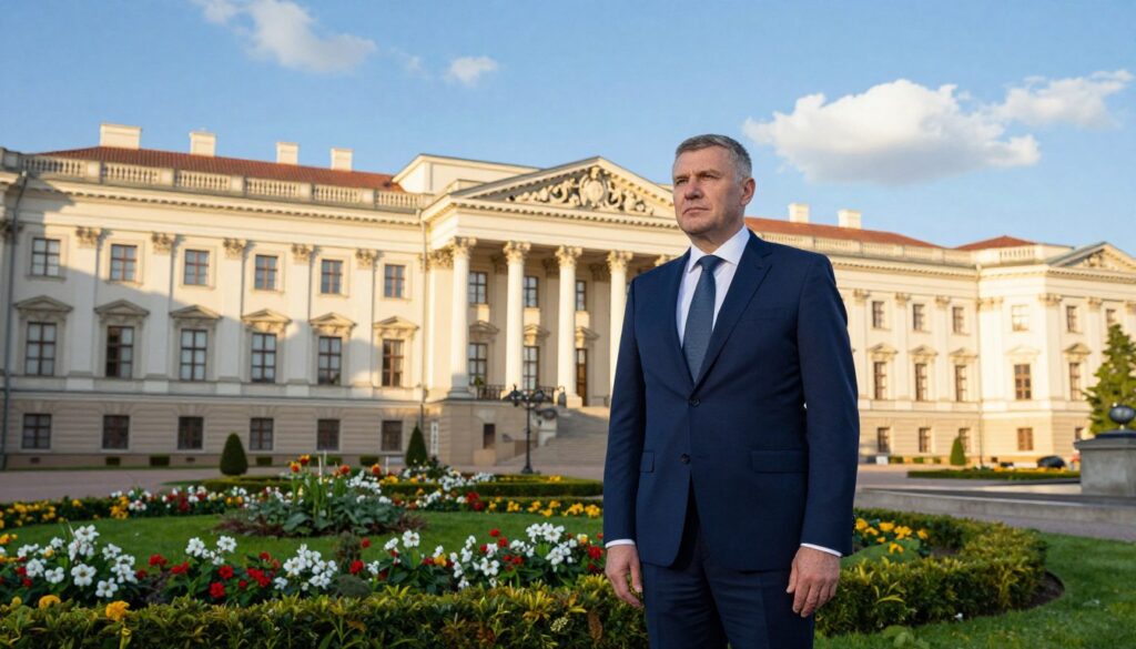 A distinguished man, Karol Nawrocki, stands confidently outside the grand Belweder Palace in Warsaw, Poland. He is dressed in a tailored navy suit with a crisp white shirt and a subtle tie, embodying professionalism. In the foreground, lush green manicured gardens frame the scene, showcasing vibrant flowers in bloom. The middle ground features the elegant architecture of Belweder, with its classic columns and pristine façade bathed in warm, golden sunlight, suggesting the late afternoon. The sky is a brilliant blue with a few wispy clouds, enhancing a sense of tranquility and importance. The overall atmosphere radiates a sense of authority and heritage, reflecting the significance of the presidential residence. The image is captured from a low angle to emphasize the grandeur of the palace. A distinguished man, Karol Nawrocki, stands confidently outside the grand Belweder Palace in Warsaw, Poland. He is dressed in a tailored navy suit with a crisp white shirt and a subtle tie, embodying professionalism. In the foreground, lush green manicured gardens frame the scene, showcasing vibrant flowers in bloom. The middle ground features the elegant architecture of Belweder, with its classic columns and pristine façade bathed in warm, golden sunlight, suggesting the late afternoon. The sky is a brilliant blue with a few wispy clouds, enhancing a sense of tranquility and importance. The overall atmosphere radiates a sense of authority and heritage, reflecting the significance of the presidential residence. The image is captured from a low angle to emphasize the grandeur of the palace.