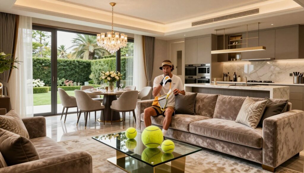 A luxurious interior showcasing the sophisticated living space of a professional tennis player, featuring high-end furnishings and exquisite decor. In the foreground, a plush velvet sofa adorned with elegant cushions sits beside a sleek glass coffee table, displaying stylish tennis memorabilia. The middle ground reveals an open-plan dining area with designer chairs, a grand chandelier overhead, and floor-to-ceiling windows showcasing a view of manicured gardens outside. The light is warm and inviting, filtered through sheer curtains, creating a cozy yet opulent atmosphere. In the background, glimpses of a modern kitchen with marble countertops and stainless steel appliances enhance the sense of luxury. The overall mood is elegant and refined, capturing the essence of a successful athlete's home.