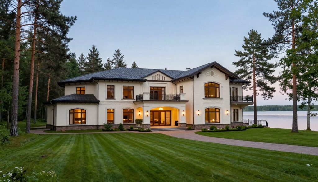 A luxurious lakeside residence in Valdai, Russia, surrounded by serene nature and pine forests. In the foreground, a beautifully manicured lawn leads to the elegant entrance of the building. The middle ground showcases the grand facade featuring large windows, intricate architecture, and a balcony overlooking the lake. The background reveals the tranquil waters of Lake Valdai, reflecting the clear blue sky and vibrant greens of the surrounding trees. Soft, warm lighting creates a peaceful atmosphere at dusk, enhancing the sense of isolation and opulence. The scene is framed by a wide-angle perspective, inviting viewers to take in the grandeur and splendor of this secluded retreat.