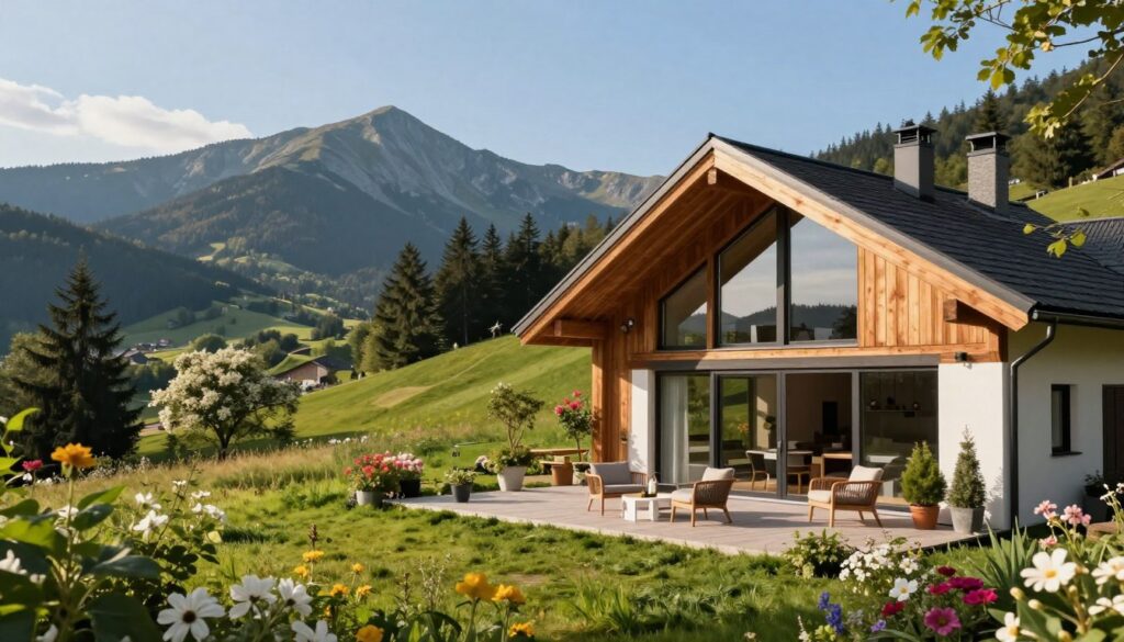 A modern home nestled in the picturesque landscape of Ustroń, Poland, where ski jumper Piotr Żyła resides. In the foreground, a sleek, contemporary house with large glass windows and wooden accents, surrounded by lush greenery and blooming flowers. A cozy terrace with elegant outdoor furniture creates an inviting atmosphere. In the middle ground, gentle slopes rise, dotted with coniferous trees, hinting at the nearby ski slopes. The background showcases the majestic Sudetes mountains under a clear, blue sky, with soft, warm sunlight illuminating the scene, casting gentle shadows. The mood is serene and welcoming, reflecting the life of a dedicated athlete in harmony with nature. The perspective is slightly elevated, capturing the beauty of the surroundings and the essence of his home life.