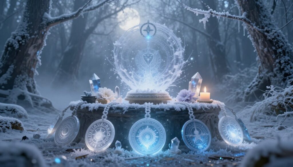 A mystical representation of protective symbols and energy, with an emphasis on the ancient ritual of freezing. In the foreground, intricately designed talismans and amulets, radiating soft blue and white hues, symbolize protection and energy. In the middle, a serene altar adorned with crystals, candles, and frost-covered flowers, evokes the atmosphere of an ancient ritual space. The background features a misty, ethereal forest with icy branches and soft, diffused moonlight filtering through, creating a tranquil yet powerful ambiance. The lighting is cool and magical, with highlights that enhance the symbols' glimmering effects, while a low angle captures a sense of reverence and awe. The overall mood is spiritual and enchanting, inviting contemplation and connection to ancient practices.