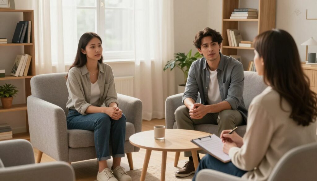 A serene and calming therapy room designed for couples counseling, featuring a cozy seating arrangement with two armchairs facing each other beside a small, round table. In the foreground, a therapist, a middle-aged woman in professional attire, is gently speaking to a young couple, who appear engaged and thoughtful. The couple, a man and a woman, are dressed in smart-casual clothing, showing signs of contemplation and openness. In the middle background, soft lighting from a window filters through sheer curtains, casting a warm glow throughout the space. Shelves lined with self-help books and a potted plant create a positive atmosphere. A peaceful, inviting ambiance evokes a sense of trust, support, and newfound hope. The scene is captured from a slightly elevated angle to emphasize connection and communication. A serene and calming therapy room designed for couples counseling, featuring a cozy seating arrangement with two armchairs facing each other beside a small, round table. In the foreground, a therapist, a middle-aged woman in professional attire, is gently speaking to a young couple, who appear engaged and thoughtful. The couple, a man and a woman, are dressed in smart-casual clothing, showing signs of contemplation and openness. In the middle background, soft lighting from a window filters through sheer curtains, casting a warm glow throughout the space. Shelves lined with self-help books and a potted plant create a positive atmosphere. A peaceful, inviting ambiance evokes a sense of trust, support, and newfound hope. The scene is captured from a slightly elevated angle to emphasize connection and communication.