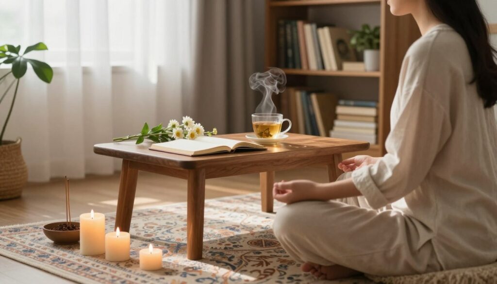 A serene and inviting living space, illuminated by soft morning light filtering through sheer curtains. In the foreground, a meditative figure sits cross-legged on a patterned rug, dressed in modest, comfortable clothing, surrounded by candles and a small bowl of incense. In the middle, a wooden table displays a journal, a steaming cup of herbal tea, and fresh flowers, representing daily rituals and personal practices. The background features bookshelves filled with well-worn books and potted plants, adding an organic touch. The overall mood is tranquil and introspective, capturing the essence of everyday rituals and the importance of personal time in daily life.