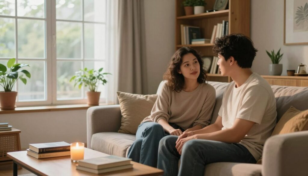 A serene and warm interior space that embodies closeness and connection in a relationship. In the foreground, a couple sits on a comfortable couch, engaged in a heartfelt conversation, both in modest casual attire. The middle ground features soft, natural light filtering through large windows, illuminating the scene and casting gentle shadows. A small coffee table adorned with books and a lit candle symbolizes intimacy. In the background, a cozy bookshelf filled with personal mementos and plants adds a homely feel. The overall atmosphere is inviting and nurturing, suggesting a safe space for emotional bonding, with a harmonious blend of colors and textures that evoke warmth and trust. A serene and warm interior space that embodies closeness and connection in a relationship. In the foreground, a couple sits on a comfortable couch, engaged in a heartfelt conversation, both in modest casual attire. The middle ground features soft, natural light filtering through large windows, illuminating the scene and casting gentle shadows. A small coffee table adorned with books and a lit candle symbolizes intimacy. In the background, a cozy bookshelf filled with personal mementos and plants adds a homely feel. The overall atmosphere is inviting and nurturing, suggesting a safe space for emotional bonding, with a harmonious blend of colors and textures that evoke warmth and trust.