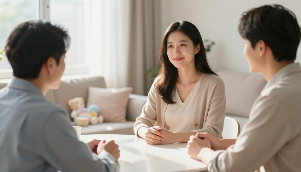 A serene and warm scene depicting a pregnant woman seated at a round table, with a gentle smile, engaged in a calm discussion with her former partner across from her. Both individuals wear professional attire, radiating a sense of respect and cooperation. The setting is softly illuminated by natural light streaming through a nearby window, casting gentle shadows. In the background, a cozy living room with soft pastel colors and baby items subtly hinting at impending parenthood without overwhelming the space. The atmosphere is supportive and positive, embodying the idea of establishing communication and guidelines for co-parenting. The camera angle is slightly elevated, capturing both faces clearly, while focusing on their engaged expressions and the peaceful environment around them.