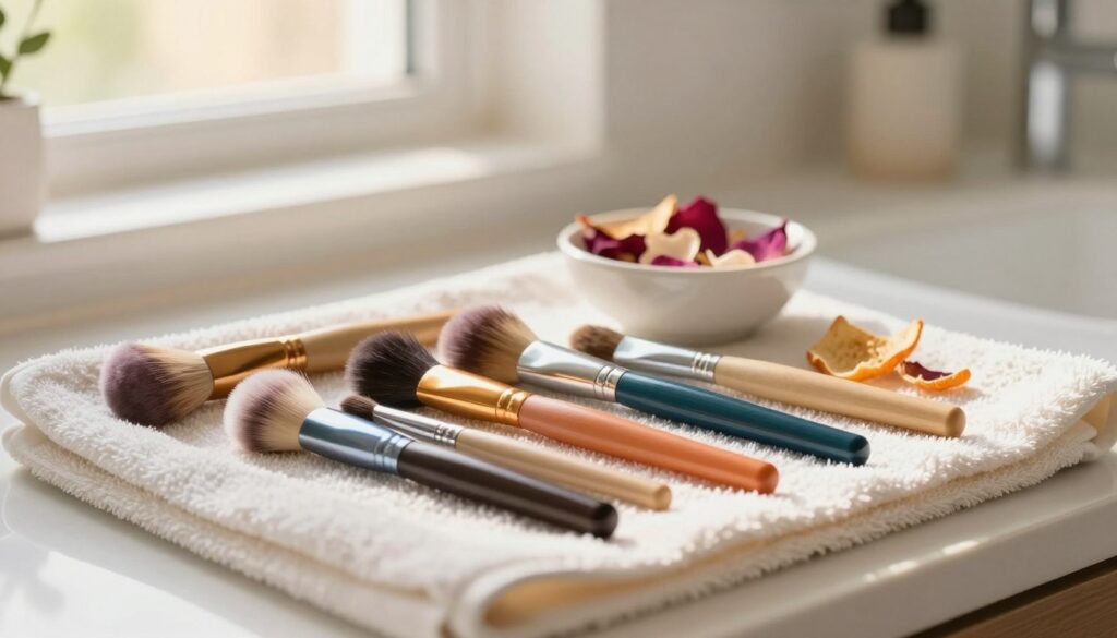 A serene and well-lit bathroom countertop scene featuring a variety of clean, dried makeup brushes resting on a soft, fluffy towel. In the foreground, the brushes are arranged in a visually pleasing manner, emphasizing their vibrant colors and unique shapes. The middle section includes a small bowl filled with natural drying agents like rose petals and citrus peels, hinting at an organic approach to brush care. In the background, softly blurred, a sunlit window filters warm light, casting gentle shadows that enhance the tranquil atmosphere. The overall mood is fresh and clean, evoking a sense of careful ritual and beauty care—a perfect illustration of drying makeup brushes while maintaining their longevity. A serene and well-lit bathroom countertop scene featuring a variety of clean, dried makeup brushes resting on a soft, fluffy towel. In the foreground, the brushes are arranged in a visually pleasing manner, emphasizing their vibrant colors and unique shapes. The middle section includes a small bowl filled with natural drying agents like rose petals and citrus peels, hinting at an organic approach to brush care. In the background, softly blurred, a sunlit window filters warm light, casting gentle shadows that enhance the tranquil atmosphere. The overall mood is fresh and clean, evoking a sense of careful ritual and beauty care—a perfect illustration of drying makeup brushes while maintaining their longevity.