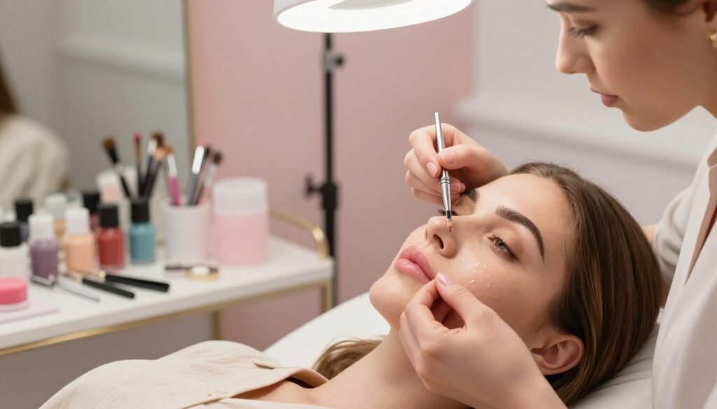 A serene beauty studio featuring a close-up of a woman's lips being prepared for a permanent makeup treatment. The foreground highlights a skilled esthetician applying a soothing balm to the lips, showcasing careful, professional technique. In the middle, a neatly organized array of makeup tools and pigments are visible, reflecting a clean and hygienic environment. The background has soft pastel colors, creating a calming atmosphere, with gentle lighting illuminating the scene from above, adding a warm glow. The model is in comfortable, modest clothing, sitting in a modern chair, with an expression of relaxation and anticipation. The overall mood conveys professionalism and care in cosmetic preparation, emphasizing the importance of proper lip preparation before the procedure.