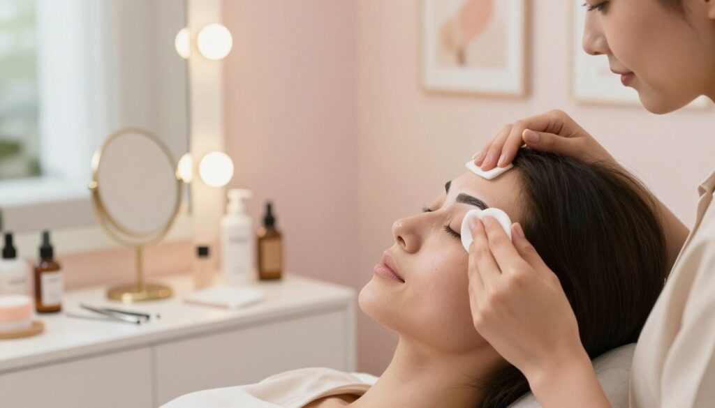 A serene beauty studio setting, featuring a close-up of well-groomed brows in the early stages of healing after a permanent makeup treatment. In the foreground, a client, dressed in modest casual attire, gently dabs a soft cotton pad with soothing solution on her eyebrows, showcasing tender care and precision. The middle ground reveals a beautifully organized vanity with skincare products, tweezers, and a small mirror reflecting warm, soft lighting that creates an inviting atmosphere. The background consists of blurred pastel-colored walls adorned with calming artwork, enhancing the tranquil feel of the scene. The overall mood is peaceful and nurturing, emphasizing the importance of eyebrow care during the healing phase. Natural light filters through a nearby window, adding a gentle glow to the image.