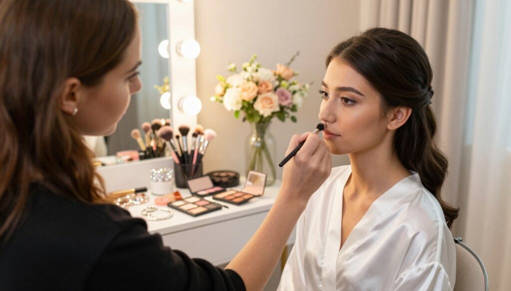 A serene bridal preparation scene capturing a bride getting her wedding makeup done. In the foreground, a professional makeup artist applies soft, elegant makeup to the bride’s face, with a focus on enhancing her natural beauty. The bride, wearing a comfortable, modest white robe, is seated in a beautifully lit room with soft, warm lighting creating a romantic atmosphere. In the middle ground, a vanity mirror is adorned with makeup brushes, palettes, and sparkling jewelry, reflecting the excitement of the occasion. The background features delicate floral arrangements and soft drapes, evoking a sense of tranquility and anticipation. The angle is slightly elevated, providing a comprehensive view of the setup, highlighting the meticulous details often involved in bridal makeup. The mood is joyful and elegant, perfect for a wedding preparation theme.