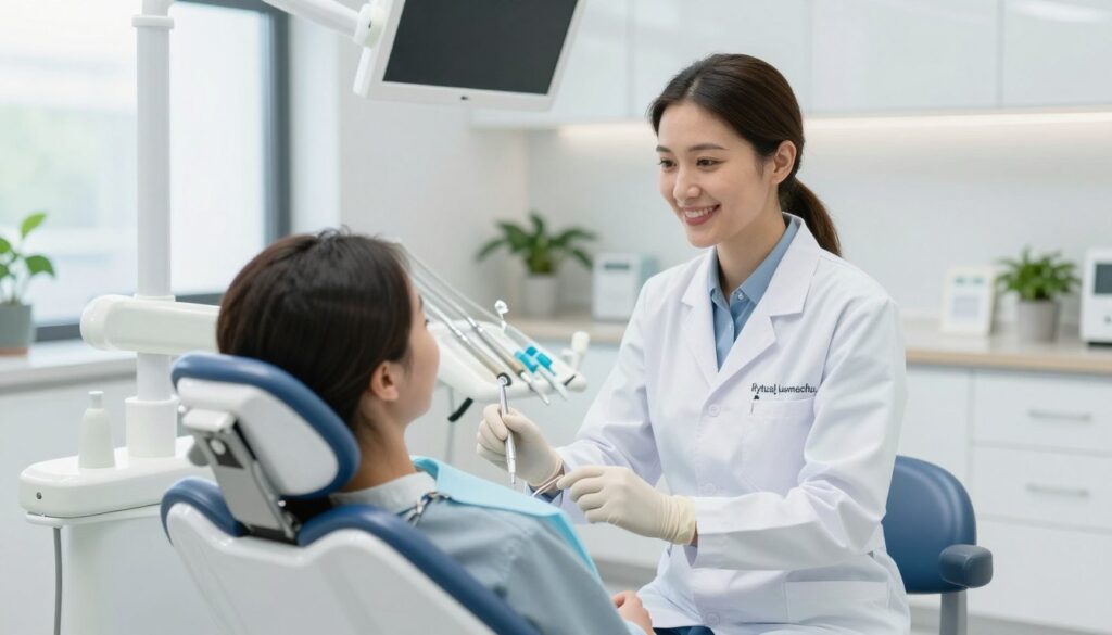 A serene dental clinic scene focusing on compassionate patient care at Medicover Stomatologia. In the foreground, a friendly dentist in a white coat, wearing professional attire, interacts warmly with a patient sitting comfortably in a modern dental chair. The patient, a young adult, appears relaxed, smiling gently, embodying the uplifting spirit of the "Rytuał uśmiechu." In the middle ground, dental tools and soft lighting create a reassuring atmosphere, while subtle decorations like plants enhance the calming environment. In the background, large windows let in natural light, illuminating the clean and sleek interior. Capture the moment from a slightly elevated angle to emphasize professionalism and warmth, evoking a sense of trust and comfort in daily patient care. The mood should convey positivity and well-being.