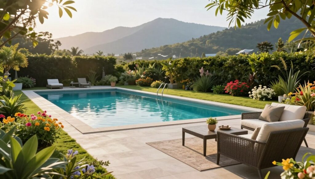 A serene garden featuring a modern swimming pool surrounded by lush greenery and vibrant flowers. In the foreground, a well-maintained terrace with elegant outdoor furniture, providing a cozy space for relaxation. The middle ground showcases the crystal-clear water of the pool reflecting the sunlight, with tasteful plant arrangements enhancing the tranquil atmosphere. In the background, a panoramic view of mountains adds depth, suggesting a peaceful retreat. The scene is bathed in warm late afternoon sunlight, creating a welcoming and inviting mood. Capture this tranquil outdoor space with a wide-angle lens to emphasize the garden's spaciousness and beauty.