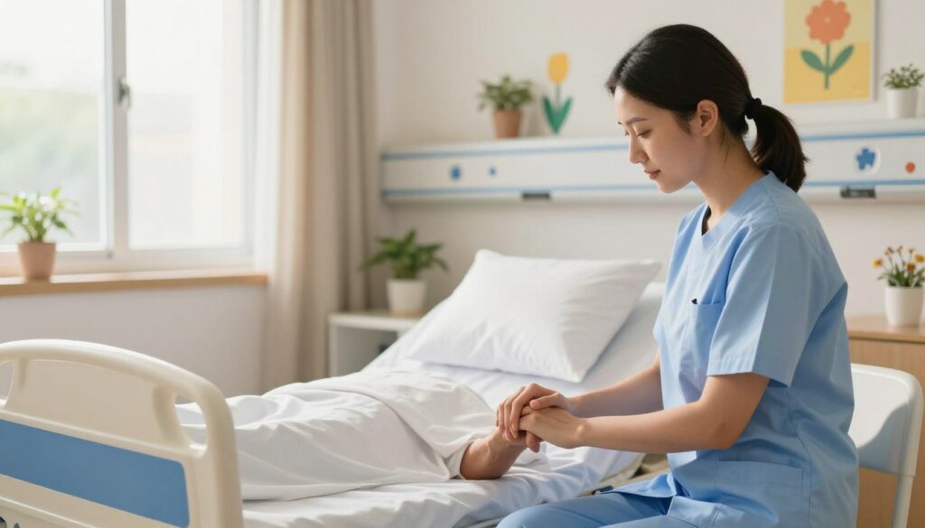 A serene hospital room bathed in warm, soft lighting. In the foreground, a caring nurse in professional attire gently holds a patient's hand, both sharing a moment of connection. The middle ground features a comfortable hospital bed with cheerful decor, including plants and bright artwork on the walls, symbolizing a healing environment. In the background, sunlight streams through large windows, casting a gentle glow and illuminating the peaceful atmosphere. The overall mood is positive and calming, reflecting the importance of patient comfort and the profound impact it has on well-being and experiences during treatment. The image should evoke feelings of trust, care, and emotional support, ideal for illustrating the concept of healing through comfort in healthcare settings.