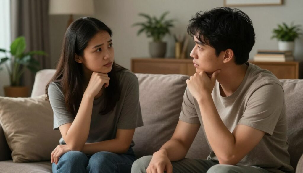 A serene indoor setting illustrating a couple sitting together on a comfortable couch, both dressed in modest casual clothing. They are engaged in a heartfelt conversation, with focused expressions reflecting contemplation and empathy. The foreground features a warm, inviting atmosphere created by soft, diffused lighting that highlights their facial features, emphasizing the importance of the discussion. In the middle ground, a cozy living room with personal touches like books and plants enhances the intimate environment. The background is softly blurred, suggesting a peaceful home life while keeping the focus on the couple. The overall mood is thoughtful and serious, capturing both the challenge of discussing emotional distance and the hope of reconnecting through open communication.