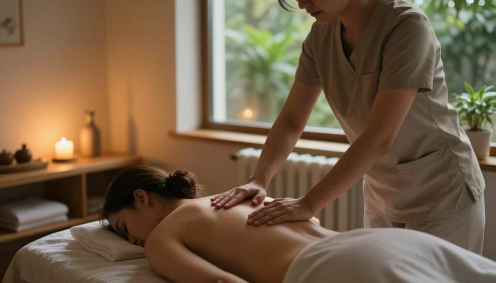 A serene massage therapy room in Łódź, featuring a tranquil atmosphere that encourages inner peace and relaxation. In the foreground, a massage therapist in modest, professional attire is gently working on a client's back, using soft, flowing movements to illustrate the concept of conscious touch. The middle layer shows warm, ambient lighting that casts a calming glow across the scene, highlighting wooden furniture and soft textiles. In the background, a window reveals lush greenery outside, adding a natural element to the composition. The overall mood is focused on wellness and intimacy, inviting the viewer to feel the power of mindful physical connection.