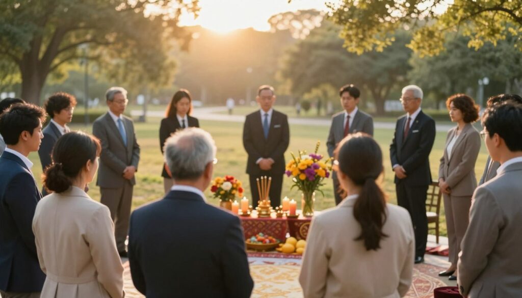 A serene ritual scene showcasing the essential features of a ritual. In the foreground, a diverse group of individuals in professional business attire stands in a circle, engaged in a harmonious ceremony. In the middle ground, symbolic elements like candles, incense, and a beautifully arranged altar with vibrant flowers and traditional artifacts convey the spirit of reverence. The background features a tranquil outdoor setting, with soft sunlight filtering through the trees, creating a warm golden glow. The atmosphere is peaceful and contemplative, evoking a sense of unity and spirituality. Use a high-resolution lens with a slight depth of field to focus on the group while softly blurring the background, enhancing the intimate and respectful mood of the scene.