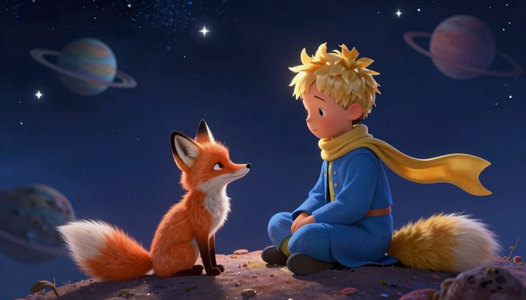 A serene scene depicting "The Little Prince" seated under a starry sky on a small asteroid, gazing affectionately at a thoughtful fox beside him. In the foreground, focus on the prince, dressed in his classic blue coat and flowing scarf, his expression filled with curiosity and warmth. The fox, with its expressive eyes and fur glowing softly in the moonlight, radiates friendship and wisdom. The middle layer showcases a starry night sky with twinkling stars and a gentle glow, creating a magical atmosphere. In the background, hint at diverse planets and asteroids with soft, pastel colors, enhancing the dreamlike quality. The lighting is soft and ethereal, capturing the essence of connection and the importance of friendship in this whimsical setting.