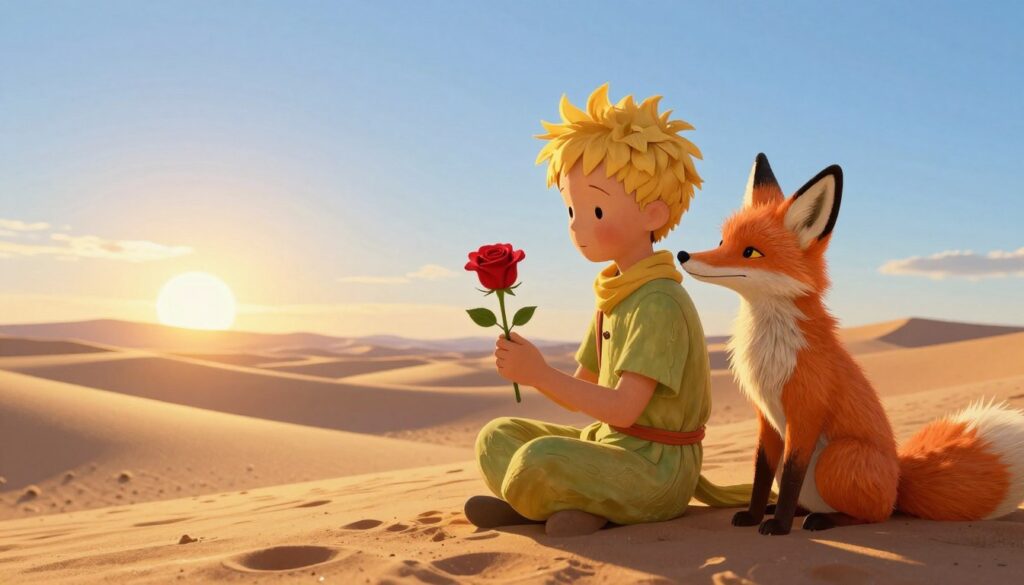 A serene scene depicting "The Little Prince" with his rose and a wise fox, illustrating the theme of responsibility in their bond. In the foreground, the Little Prince, dressed in a simple but charming outfit, gently holds the delicate rose, symbolizing care and commitment. Beside him sits the fox, looking at the rose with a knowing gaze, embodying wisdom and friendship. In the middle ground, a lush, vibrant desert landscape is visible, with soft dunes and a clear blue sky. The sun is setting, casting a warm golden light that envelops the characters, creating a calm and reflective atmosphere. The image should evoke a sense of warmth, connection, and the importance of nurturing relationships. The angle is slightly elevated, offering a panoramic view that showcases the characters against the expansive backdrop.