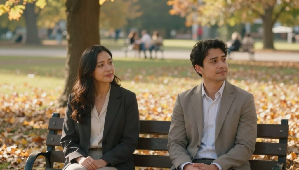 A serene scene depicting two individuals seated on a park bench under soft, golden sunlight, symbolizing a conscious end to their relationship despite their love for each other. The foreground features the two individuals, a man and a woman, both dressed in modest, professional attire, looking contemplative yet peaceful, with gentle smiles hinting at mutual respect. In the middle, a scattering of autumn leaves signifies change, while a nearby tree provides a sense of stability. The background features a blurred landscape of a calm, colorful park with people enjoying their day, reflecting a mood of tranquility and acceptance. Soft focus, warm lighting, and a slightly elevated angle emphasize the emotional depth of this moment without heaviness, inviting contemplation and understanding.