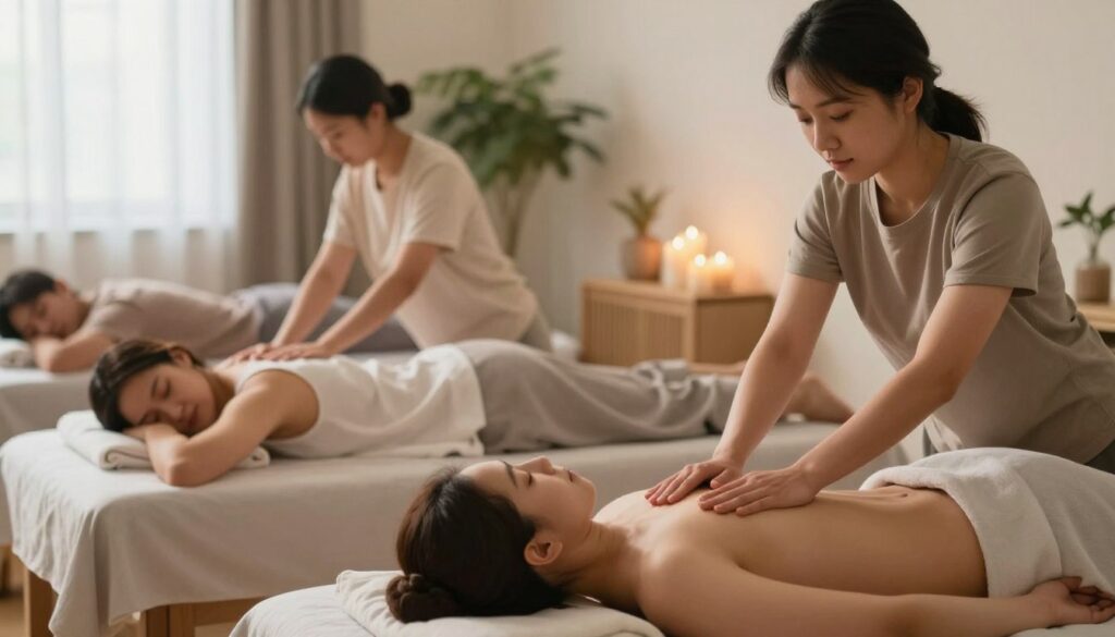 A serene setting focused on the benefits of massage and mindful body work. In the foreground, a diverse group of individuals, dressed in modest casual clothing, is engaged in a gentle massage therapy session, reflecting relaxation and comfort. The expressions on their faces convey a sense of peace and well-being. In the middle ground, serene elements like soft cushions, plants, and calming candles create a tranquil atmosphere, emphasizing a wellness environment. The background features a softly lit room with warm, natural light filtering through sheer curtains, casting a gentle glow. The mood is peaceful and restorative, encouraging feelings of closeness and connection. The overall composition invites viewers to embrace the emotional and physical benefits of touch.