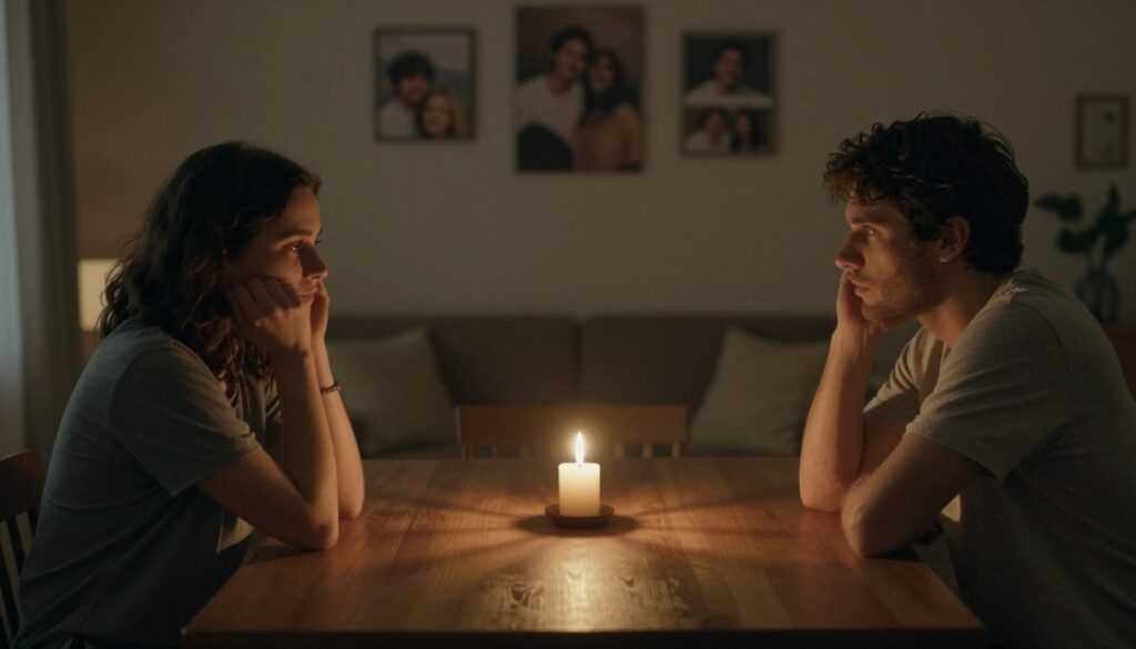 A somber scene depicting emotional distance in a relationship. In the foreground, a couple sits at a dining table, both looking away from each other, lost in their thoughts. They wear modest, casual clothing, contributing to a feeling of disconnect. In the middle ground, a candle flickers dimly, casting soft shadows across the table, symbolizing the fading warmth of their connection. The background features a cozy living room setting with blurred photographs of happier times on the walls, suggesting nostalgia. The lighting is warm but subdued, creating an atmosphere of solitude and reflection. Capture the mood of isolation where physical presence fails to bridge emotional gaps, evoking the complexity of loneliness within a partnership.