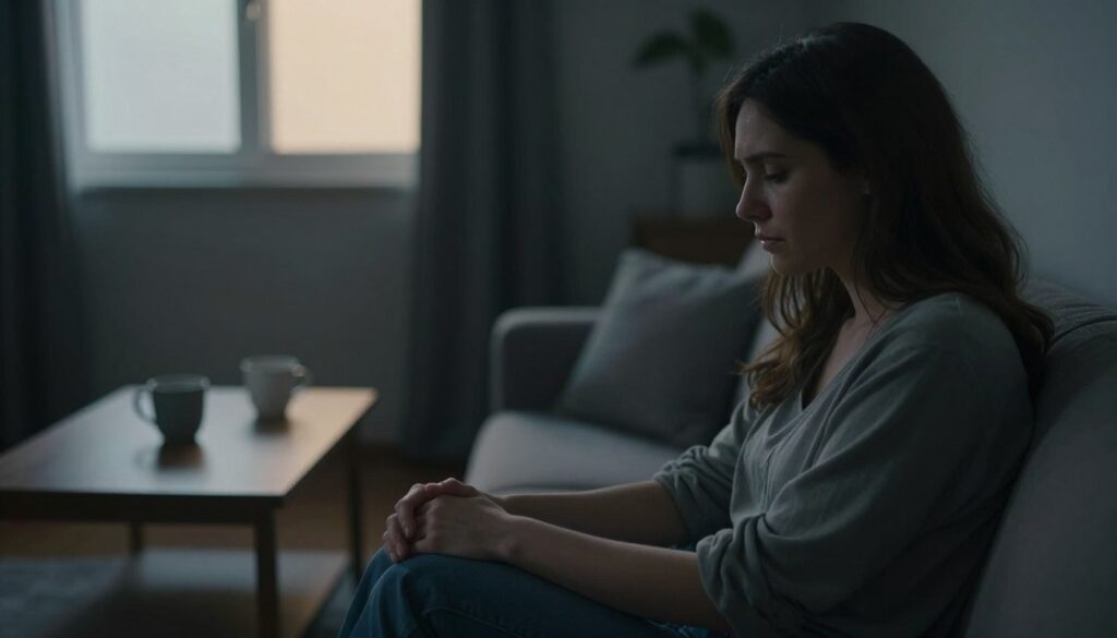 A somber yet thought-provoking scene depicting the symptoms of loneliness in a relationship. In the foreground, a woman sits alone on a couch, her expression reflecting deep contemplation and sadness. She is dressed in modest casual clothing, with her hands clasped in her lap. In the middle ground, a dimly lit room shows a coffee table with two untouched cups, symbolizing the distance between partners. The background features a window with soft, warm light filtering through, casting gentle shadows that enhance the melancholic atmosphere. The overall color palette should be muted, with hints of blue and gray to evoke feelings of isolation, while soft focus on the edges highlights the woman’s solitude.