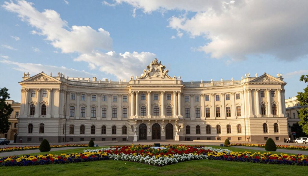 A stunning exterior view of the Presidential Palace on Krakowskie Przedmieście, showcasing its grand architecture with elegant Baroque elements. In the foreground, neatly trimmed lawns with colorful flowerbeds frame the palace, emphasizing its beauty. The middle ground highlights the imposing façade of the palace, adorned with classical columns and intricate sculptures. In the background, blue skies with fluffy white clouds create a serene atmosphere, while the warm afternoon light casts gentle shadows, enhancing the details of the building. The scene conveys a sense of prestige and formality, perfectly representing the official residence of the President of Poland. No people are depicted in the image, maintaining a focus on the architecture and gardens. A stunning exterior view of the Presidential Palace on Krakowskie Przedmieście, showcasing its grand architecture with elegant Baroque elements. In the foreground, neatly trimmed lawns with colorful flowerbeds frame the palace, emphasizing its beauty. The middle ground highlights the imposing façade of the palace, adorned with classical columns and intricate sculptures. In the background, blue skies with fluffy white clouds create a serene atmosphere, while the warm afternoon light casts gentle shadows, enhancing the details of the building. The scene conveys a sense of prestige and formality, perfectly representing the official residence of the President of Poland. No people are depicted in the image, maintaining a focus on the architecture and gardens.