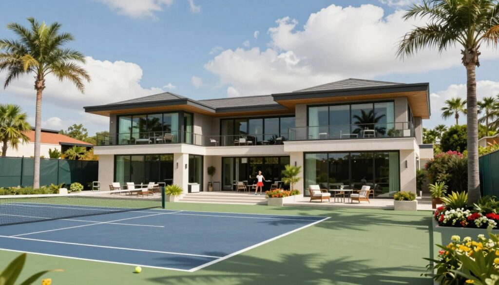 A stylish, modern luxury home owned by a professional female tennis player, featuring sleek architecture with large glass windows, surrounded by vibrant green gardens and palm trees. In the foreground, a well-maintained tennis court can be seen, enhancing the athletic theme. The middle of the image showcases the house with a contemporary design, ample outdoor seating areas, and elegant landscaping with flower beds. In the background, a serene blue sky with soft, fluffy clouds adds a calming atmosphere. The lighting is bright and sunny, casting gentle shadows, creating an inviting mood. Capture this scene with a wide-angle lens to emphasize the spaciousness and elegance of the setting.