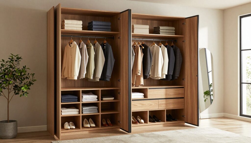 A stylish wardrobe storage unit designed for efficient clothing organization. In the foreground, showcase an elegant, modern wardrobe with open sliding doors revealing neatly arranged folded clothes, elegant hangers displaying structured garments, and compartments for shoes and accessories. The middle layer features a well-decorated room with soft, ambient lighting highlighting the wardrobe's natural wood finish and sleek lines. In the background, a minimalistic room decor, such as a potted plant and a tasteful wall mirror, adds depth without overcrowding. The atmosphere exudes a sense of calm and order, inviting an organized lifestyle. Use a wide-angle lens to capture the entirety of the room, with natural daylight filtering through a nearby window, creating a warm and welcoming mood.